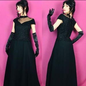 J Kara Black Sequin Beaded Mesh Mock Neck Evening Dress Formal Gown Size 14
